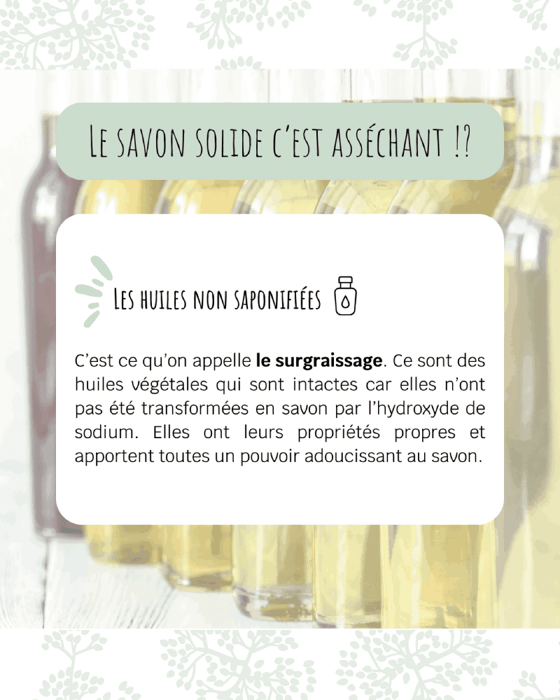 Les huiles non saponifiées : C’est ce qu’on appelle le surgraissage. Ce sont des huiles végétales qui sont intactes car elles n’ont pas été transformées en savon par l’hydroxyde de sodium. Elles ont leurs propriétés propres et apportent toutes un pouvoir adoucissant au savon.